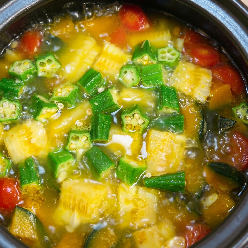 Una pequeña cuchara vertiendo sal en la sopa de verduras colorida.