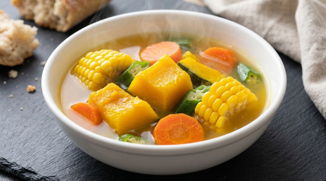 Un tazón de sopa de calabaza con zanahorias, maíz y okra en un caldo claro y dorado.