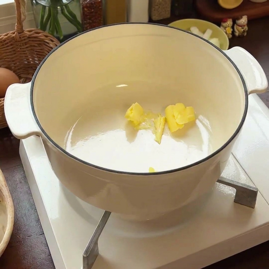 Mantequilla derritiéndose en una olla blanca esmaltada, creando un charco dorado en el fondo.