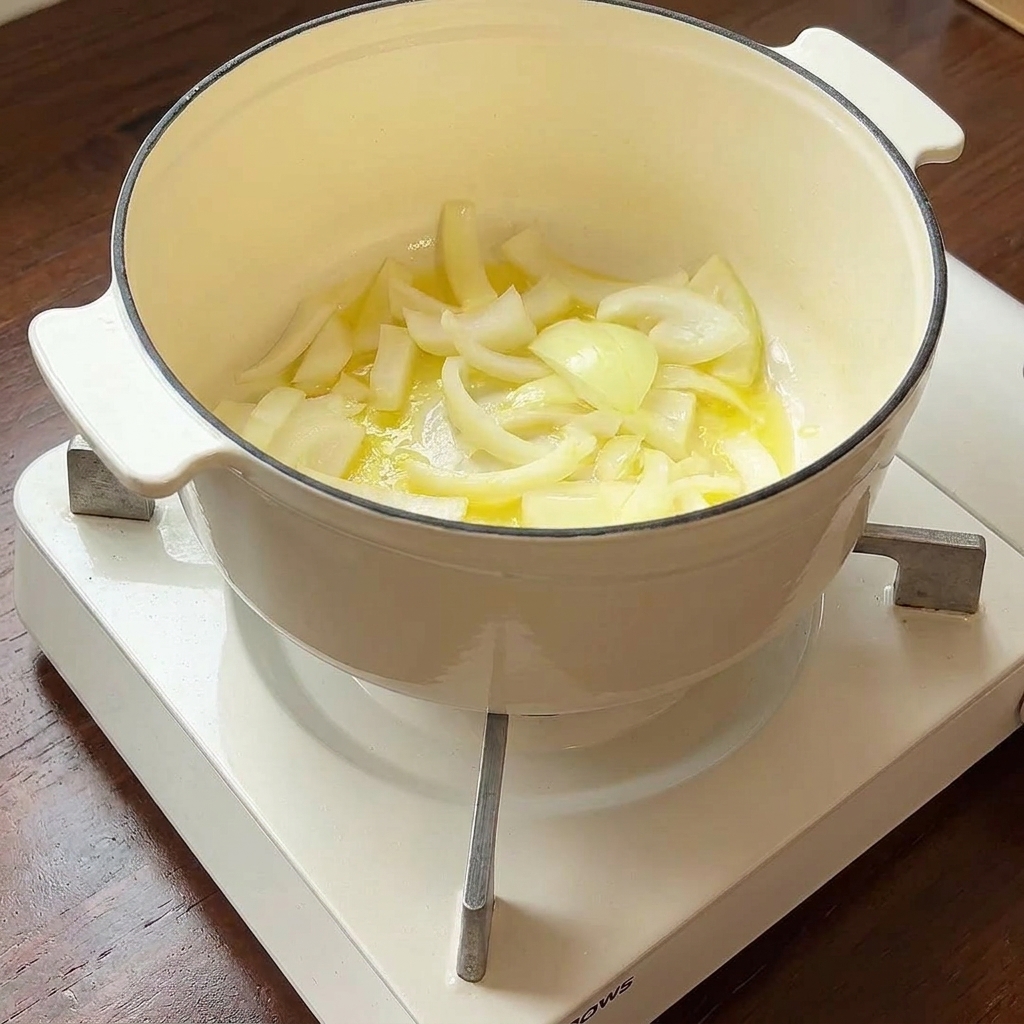 Cebollas picadas salteándose en una olla con mantequilla derretida hasta quedar suaves y aromáticas.