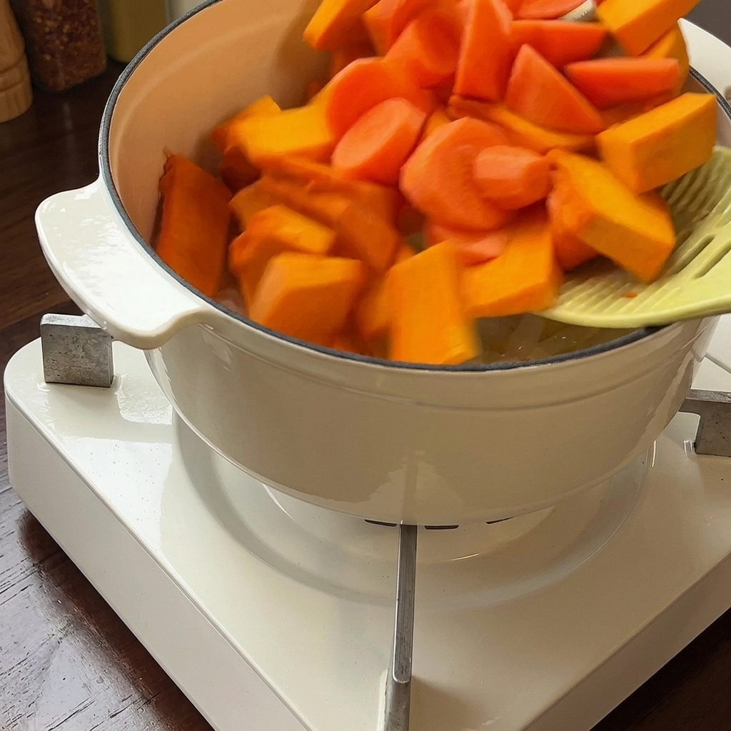 Trozos de calabaza y zanahoria siendo incorporados a la olla con las cebollas salteadas.