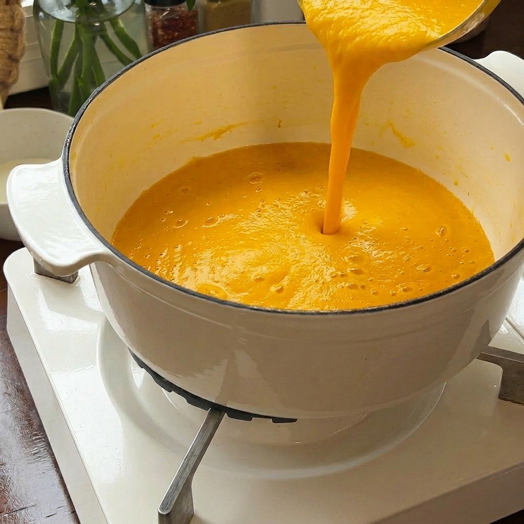 Crema de calabaza naranja suave siendo vertida desde un vaso de licuadora a una olla de hierro esmaltado blanca.