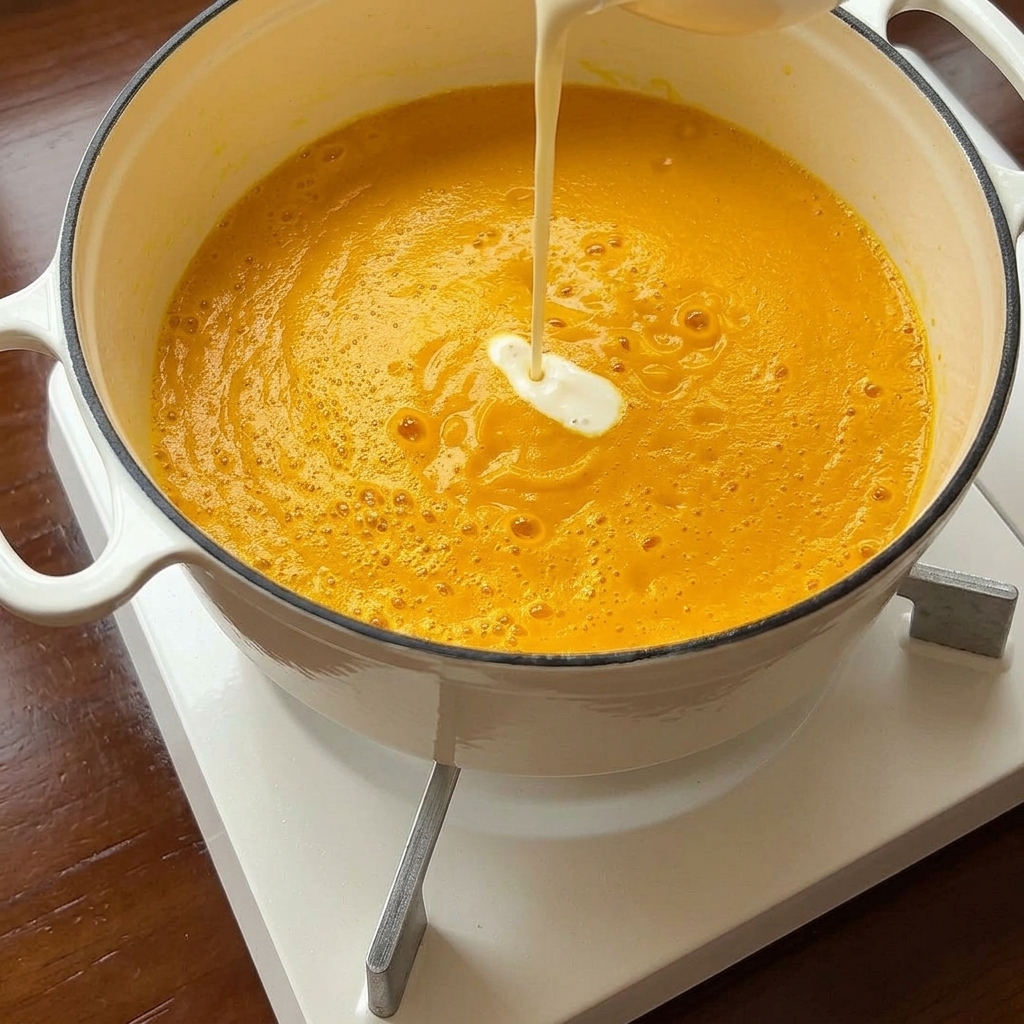 Nata siendo vertida sobre una olla con crema de calabaza brillante, lista para ser mezclada.