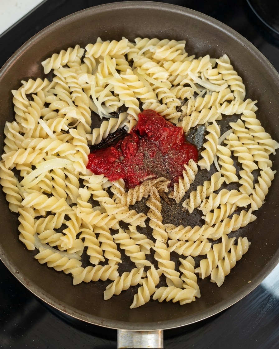 Una sartén con pasta y cebollas con una cucharada de pasta de tomate roja y condimentos añadidos en el centro, listos para mezclar.