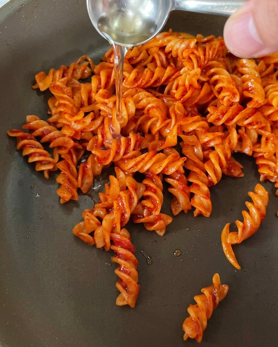Vista de cerca de una sartén con pasta en espiral y salsa roja, con una mano vertiendo un líquido transparente en la sartén para flambear el plato.