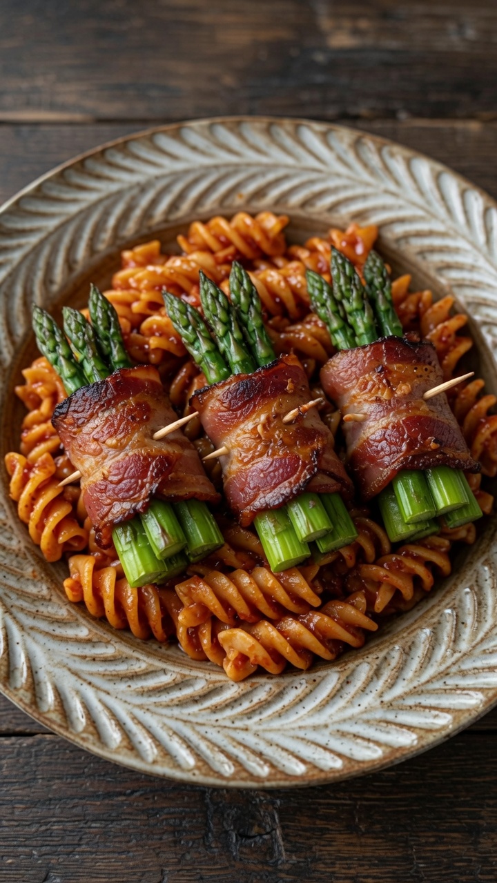 Espaguetis con rollitos de espárragos y bacon