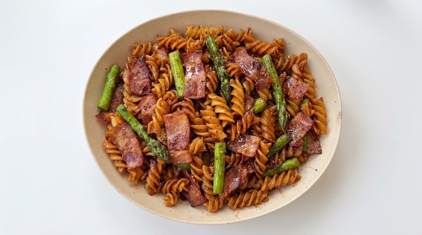Pasta Fusilli con Tocino y Espárragos