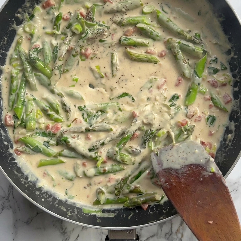Espaguetis cocinados mezclándose en la salsa cremosa con bacon y espárragos.