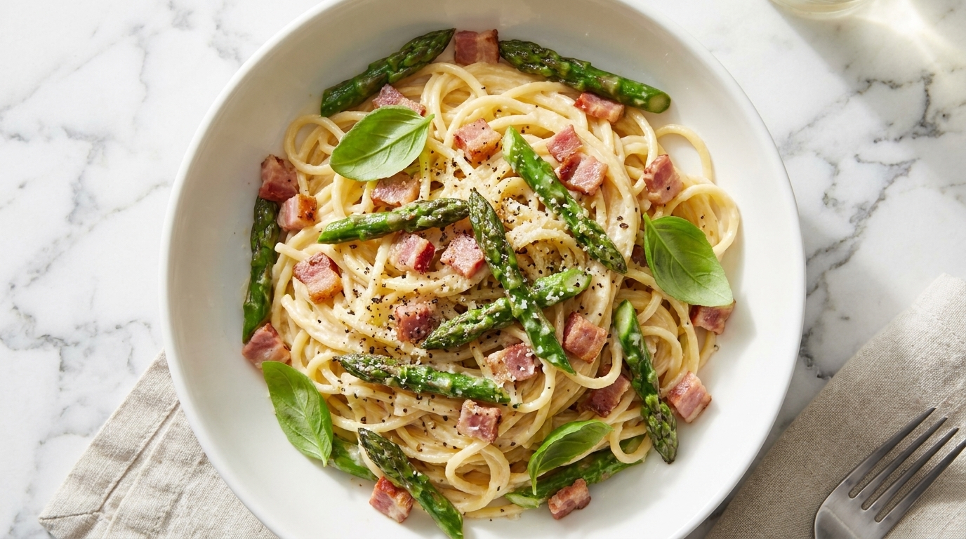 Espaguetis Cremosos con Espárragos y Bacon