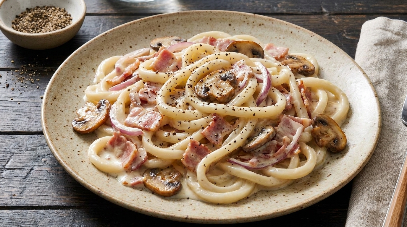 Udon Cremoso con Bacon y Trufa Negra