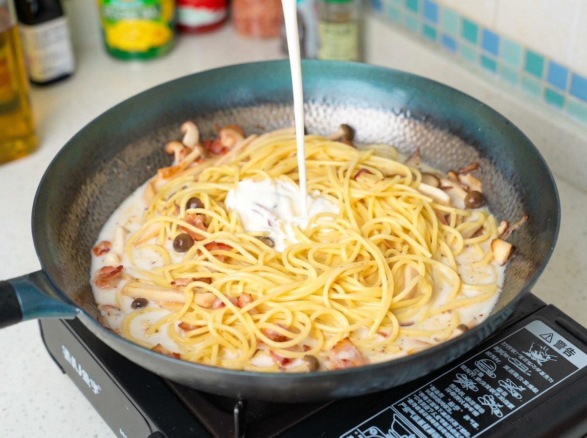 Crema de leche añadiéndose a la sartén, mezclándose con la leche y la pasta para crear una salsa rica.