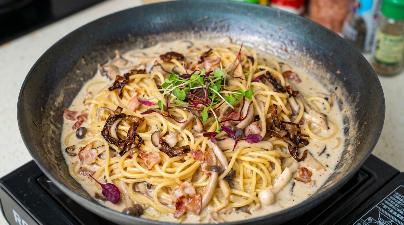 Pasta Cabello de Ángel Cremosa con Tocino y Champiñones