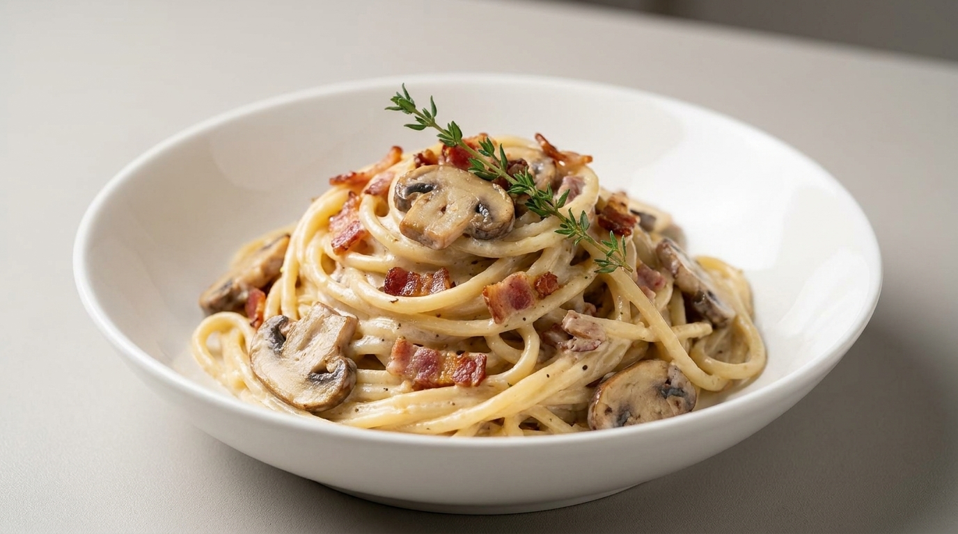 Pasta Cremosa con Bacon y Champiñones