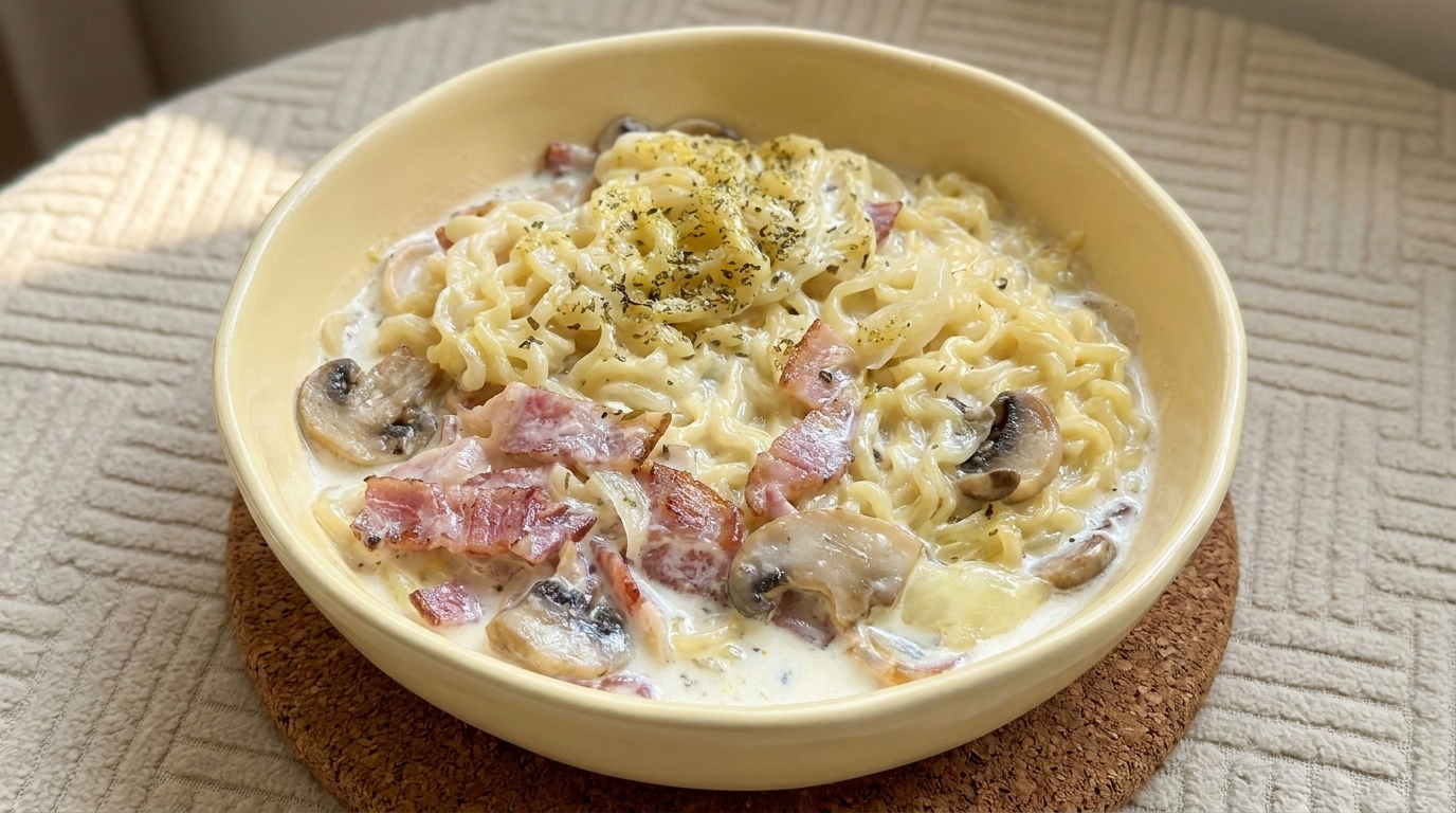 Un tazón de fideos ramen cremosos cargados con tocino salado, champiñones terrosos y un toque final de hierbas secas.