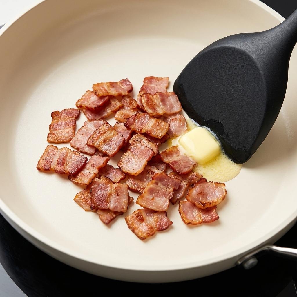 Mantequilla derritiéndose en una sartén mientras se mezcla con tocino y cebolla picada.