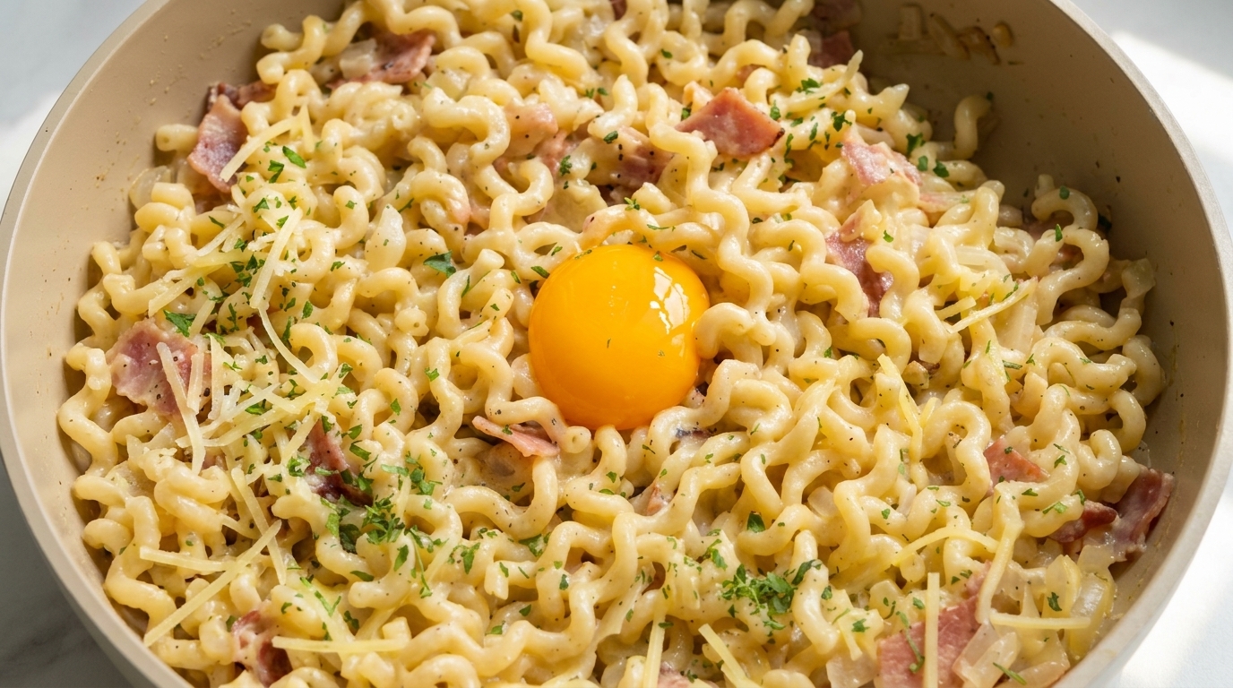 Carbonara Cremosa de Tocino con Fideos Rizados