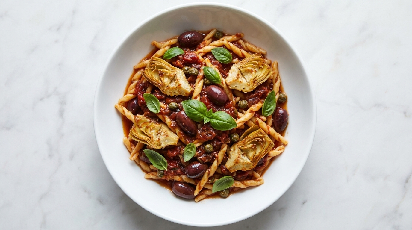 Pasta trofie bañada en una robusta salsa de tomate, acompañada de alcachofas doradas, aceitunas y albahaca fresca.