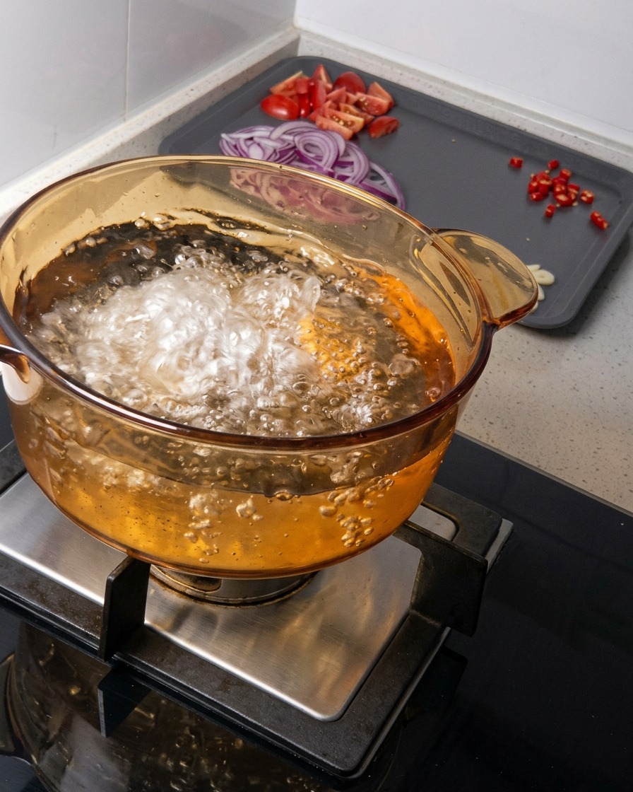 Una olla de cristal con agua hirviendo a borbotones sobre la cocina, con tomates, cebollas y guindillas preparados al fondo.