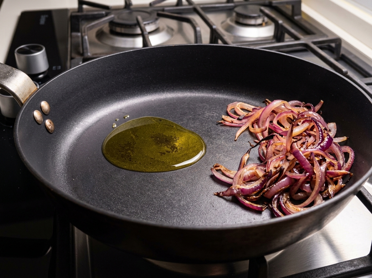 Una sartén negra con la cebolla roja caramelizada a un lado y un poco de aceite de oliva fresco en el otro.