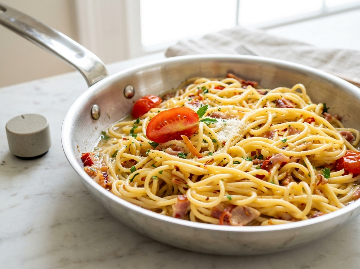 Pasta siendo mezclada con rodajas de tomate cherry y salsa en una sartén.