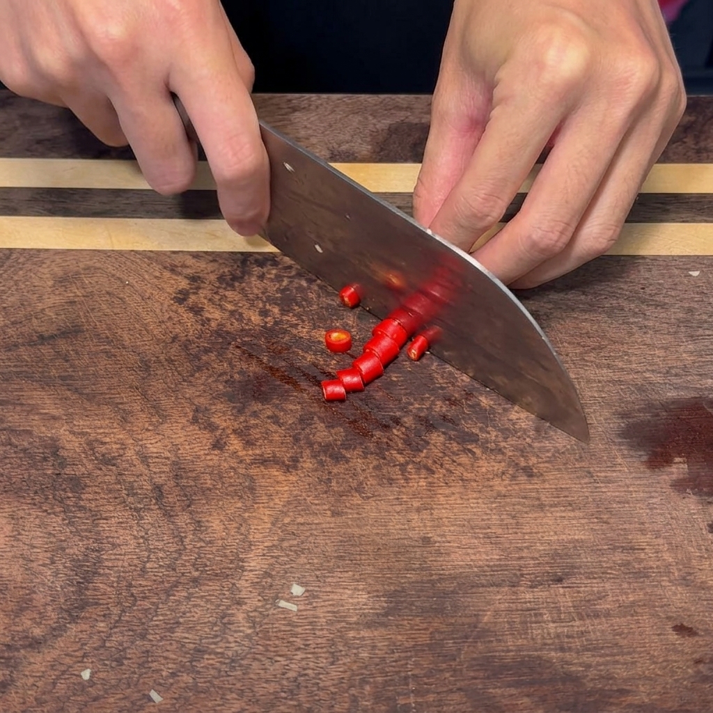 Trozos de chile rojo recién cortados sobre una superficie de madera.