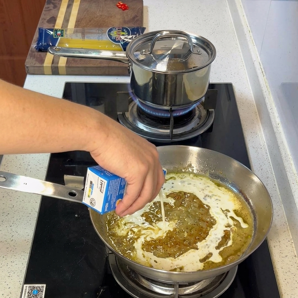 Crema espesa siendo mezclada en la sartén para crear una salsa cremosa.