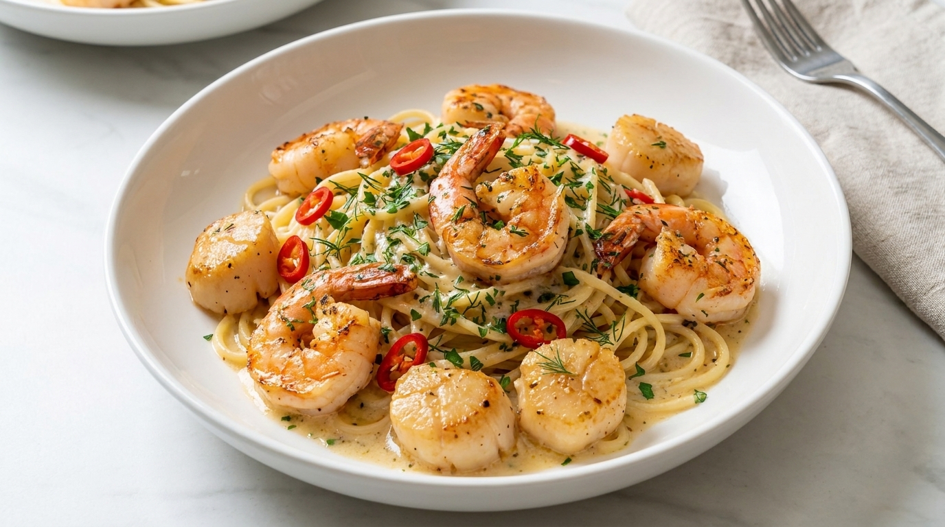 Pasta cremosa al ajo con mariscos, vieiras y camarones