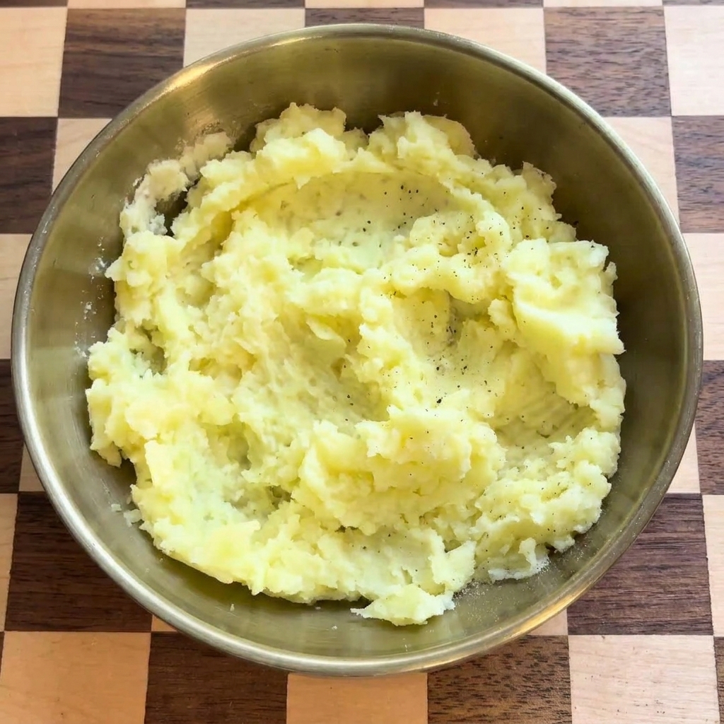 Pimienta negra recién molida siendo añadida al bol con puré de patata.