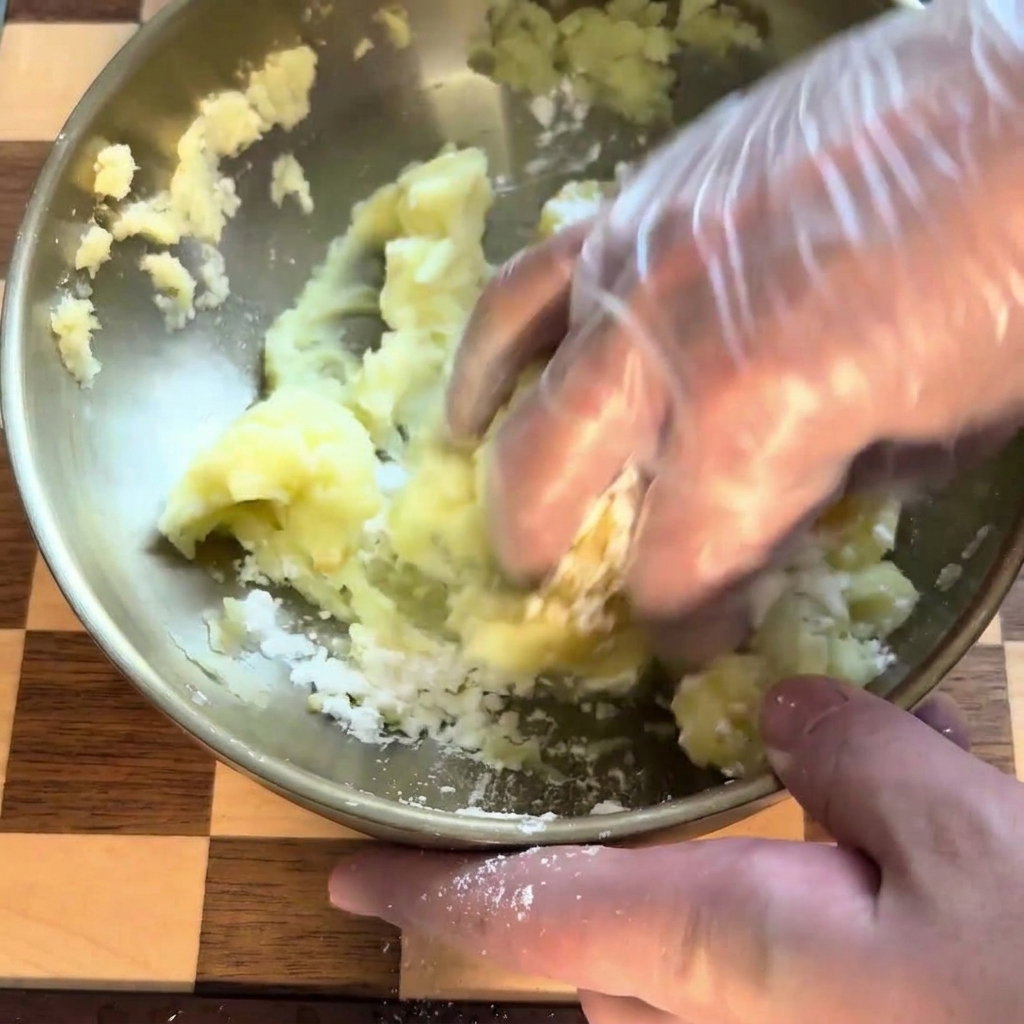 Manos con guantes amasando la mezcla de patata en un bol para formar una masa suave.