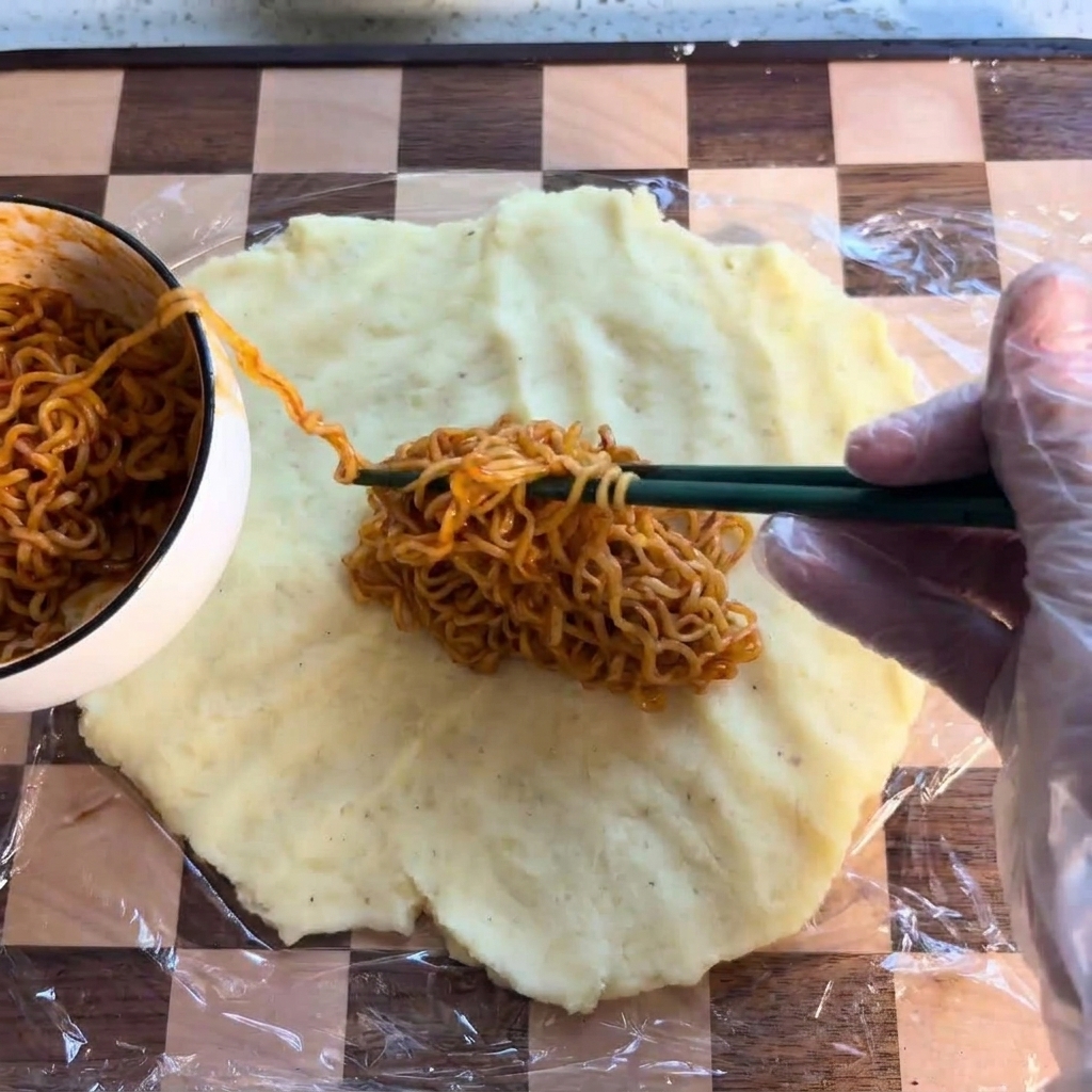 Una mano usando palillos para colocar una porción de ramen picante en el centro de la tortita de patata.