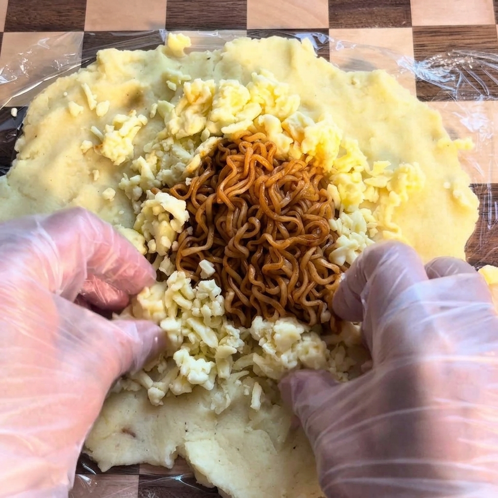 Primer plano de queso mozzarella rallado dispuesto en un círculo alrededor de los fideos en el centro.