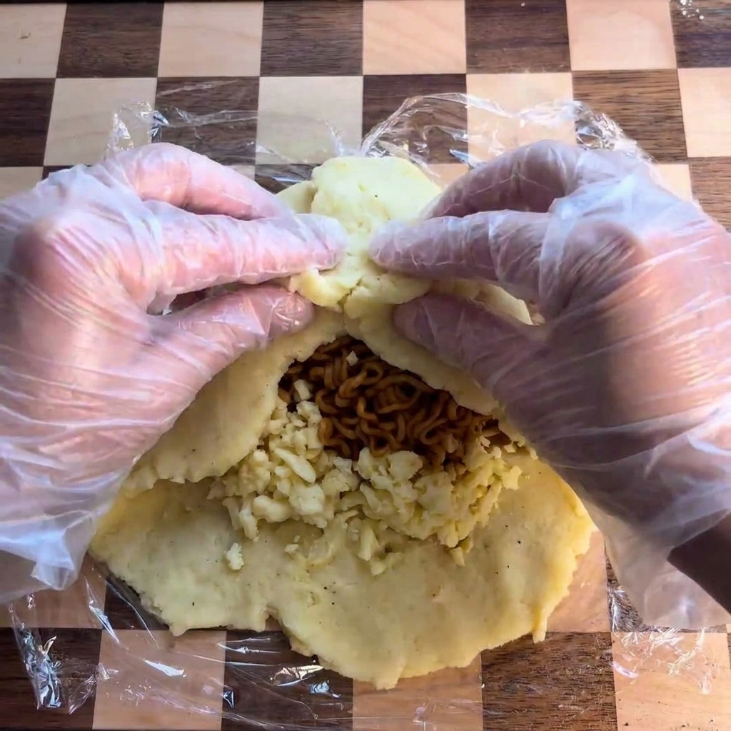 Manos doblando los bordes de la tortita de patata hacia adentro sobre el relleno.
