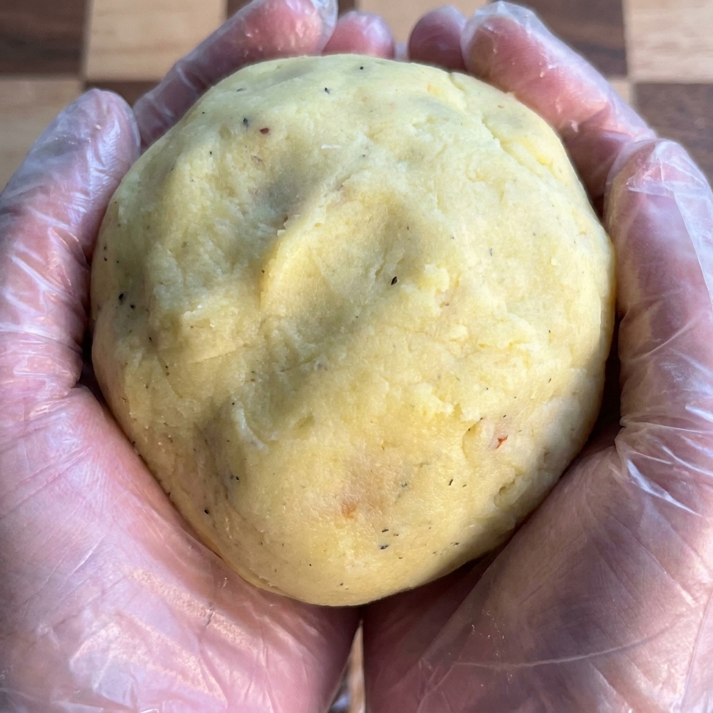 Una bola de patata grande y suave sostenida entre dos manos con guantes.
