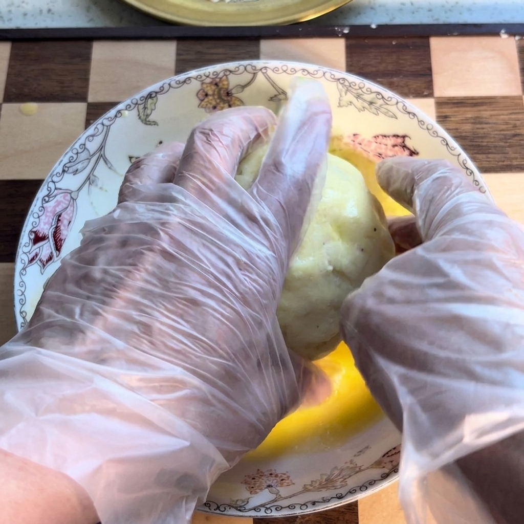 Una bola de patata siendo rodada en un cuenco con almidón blanco.