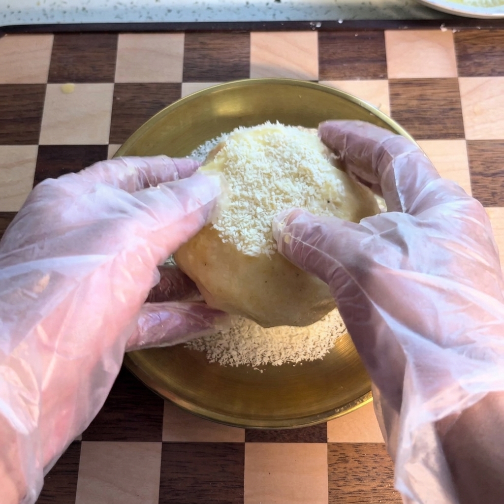 Una mano rodando una bola de patata húmeda sobre una cama de pan rallado panko.