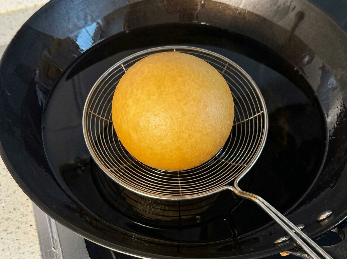 Una bola de patata dorada friéndose en un wok grande con aceite caliente.