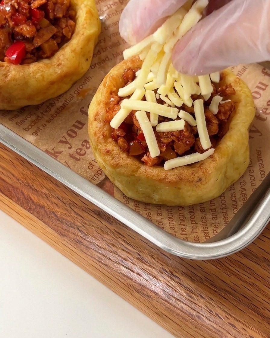 Mano con guante espolvoreando queso rallado sobre las tartaletas de patata rellenas en una bandeja.