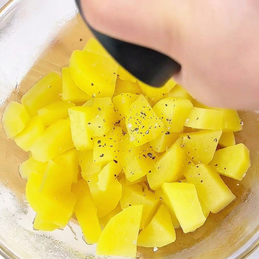 Patatas cocidas siendo trituradas en un bol de cristal con especias.
