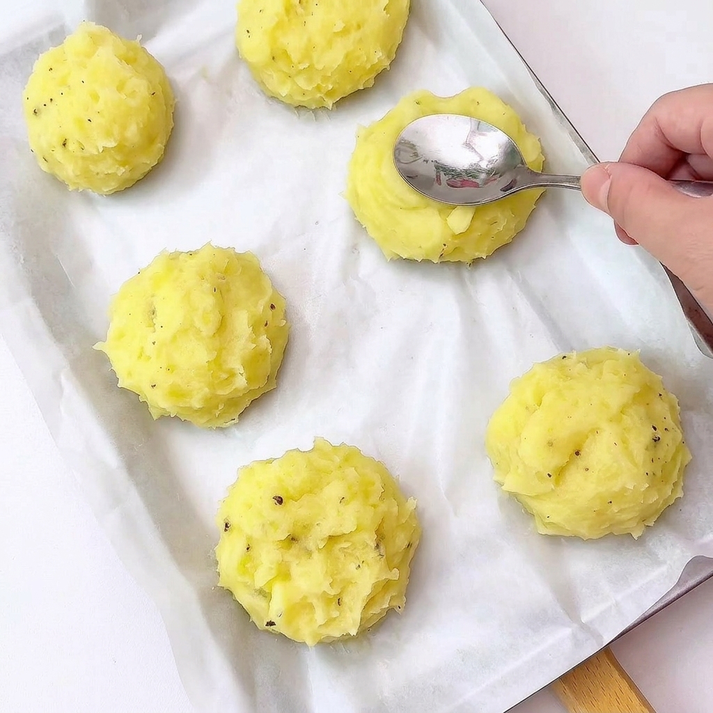 Porciones de puré de patata sobre una bandeja de horno siendo moldeadas en forma de cestas con una cuchara.