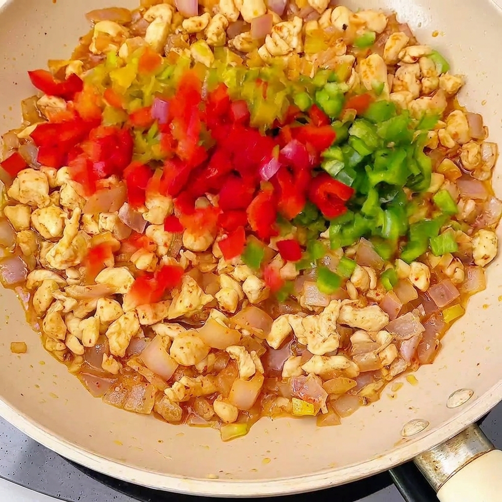 Pimientos de colores y champiñones siendo añadidos al pollo en la sartén.