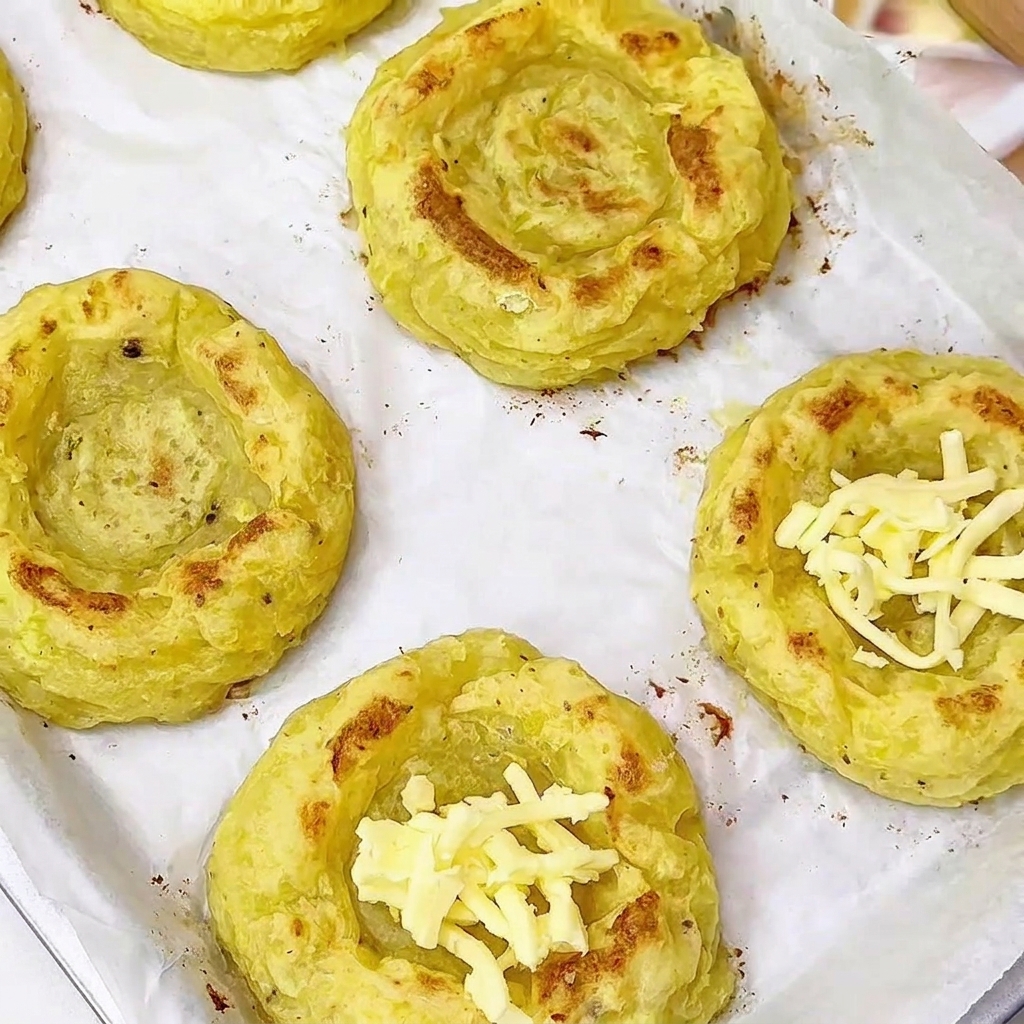 Cestitas de puré prehorneadas en una bandeja, con un poco de queso rallado en el fondo.