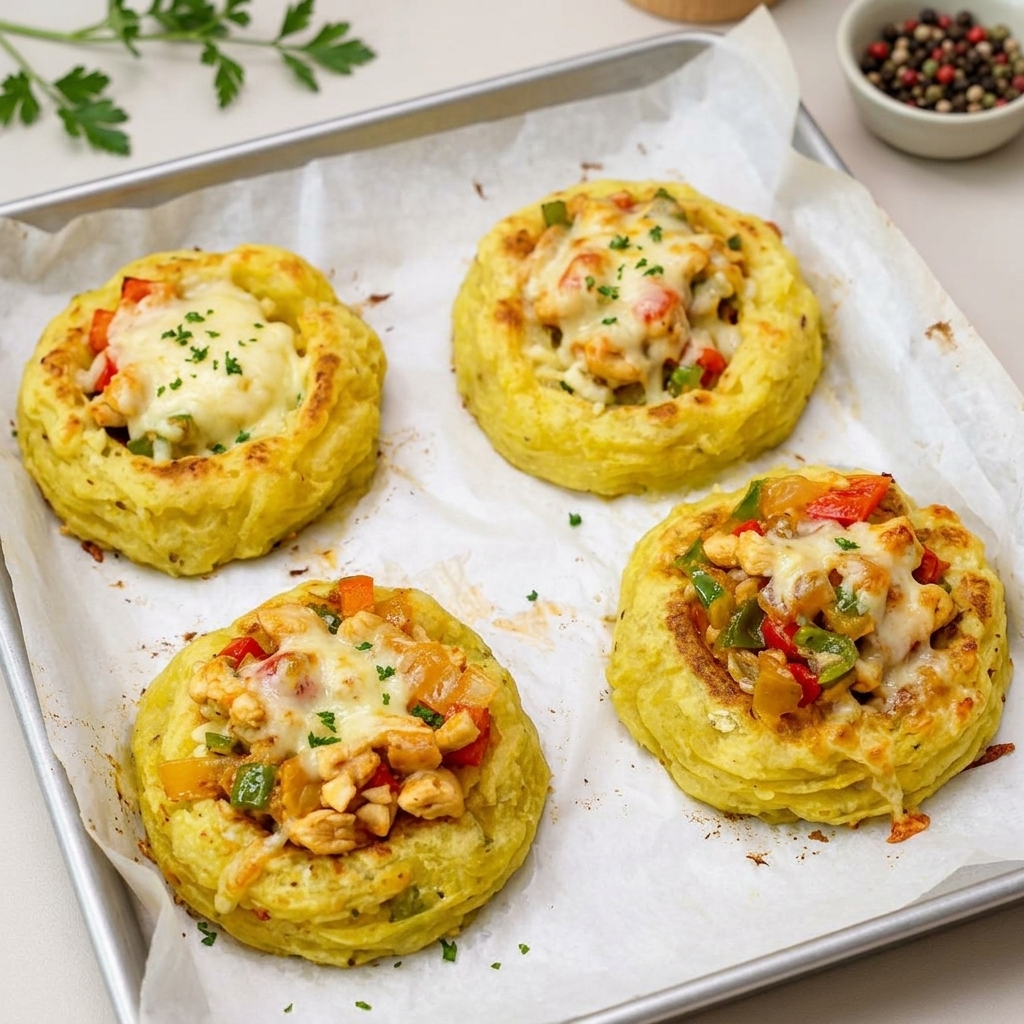 Primer plano de una cuchara rellenando las cestitas de patata con la mezcla de pollo.