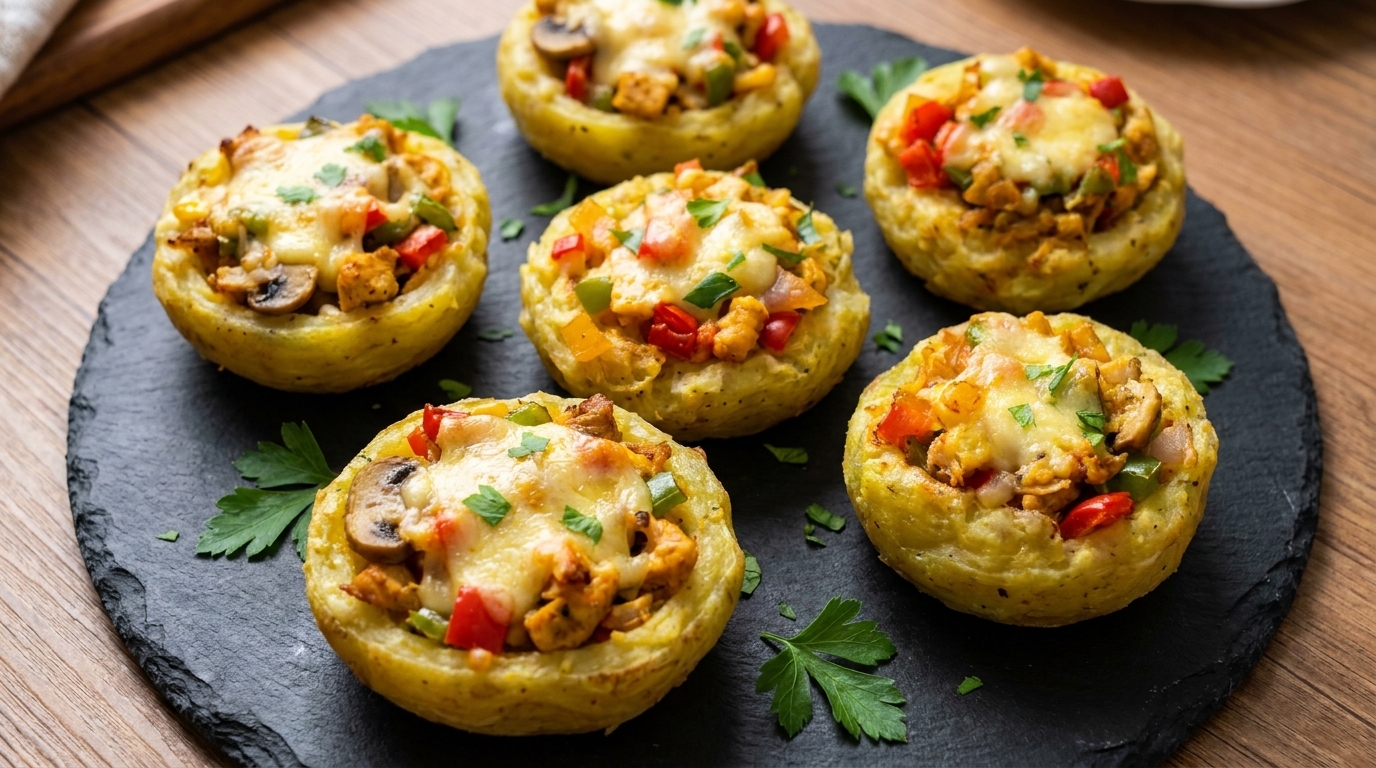 Tartaletas de patata recién horneadas, rellenas de pollo y verduras salteadas, cubiertas con queso fundido dorado.