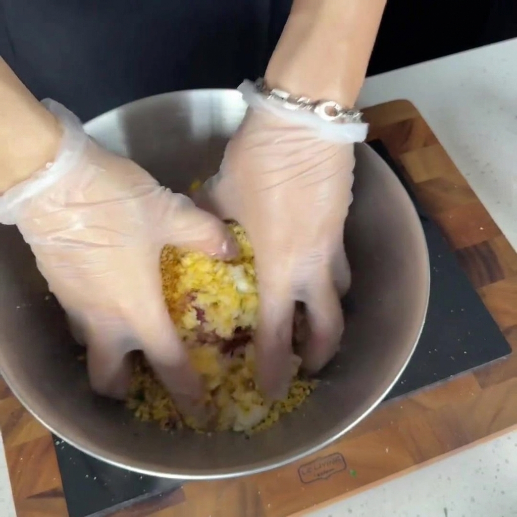 Mezcla de cerdo, arroz, huevo y hierbas aromáticas combinándose en un bol de metal.