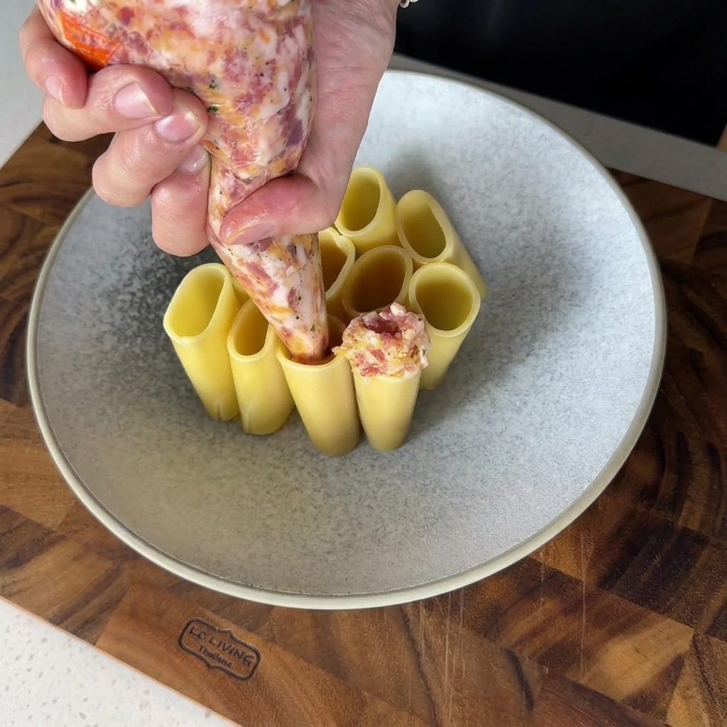 Relleno de carne siendo inyectado en un tubo de pasta rigatoni cocida.