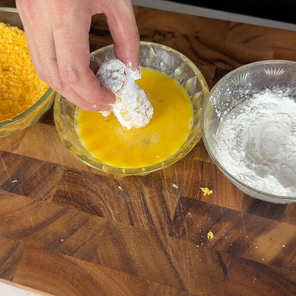 Tubo de pasta rellena sumergiéndose en huevo batido como parte del proceso de empanado.