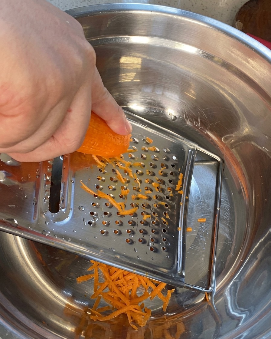 Primer plano de una zanahoria fresca siendo rallada en tiras finas sobre un cuenco metálico.