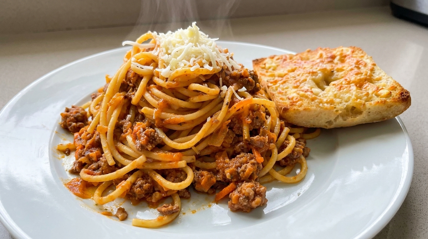 Un plato humeante de pasta a la boloñesa coronado con queso parmesano fresco, acompañado de pan de ajo y queso tostado.