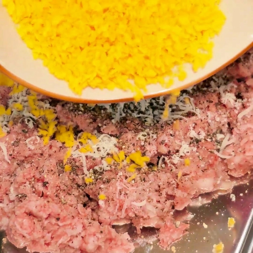 Pan rallado amarillo vertiéndose sobre carne molida cruda.