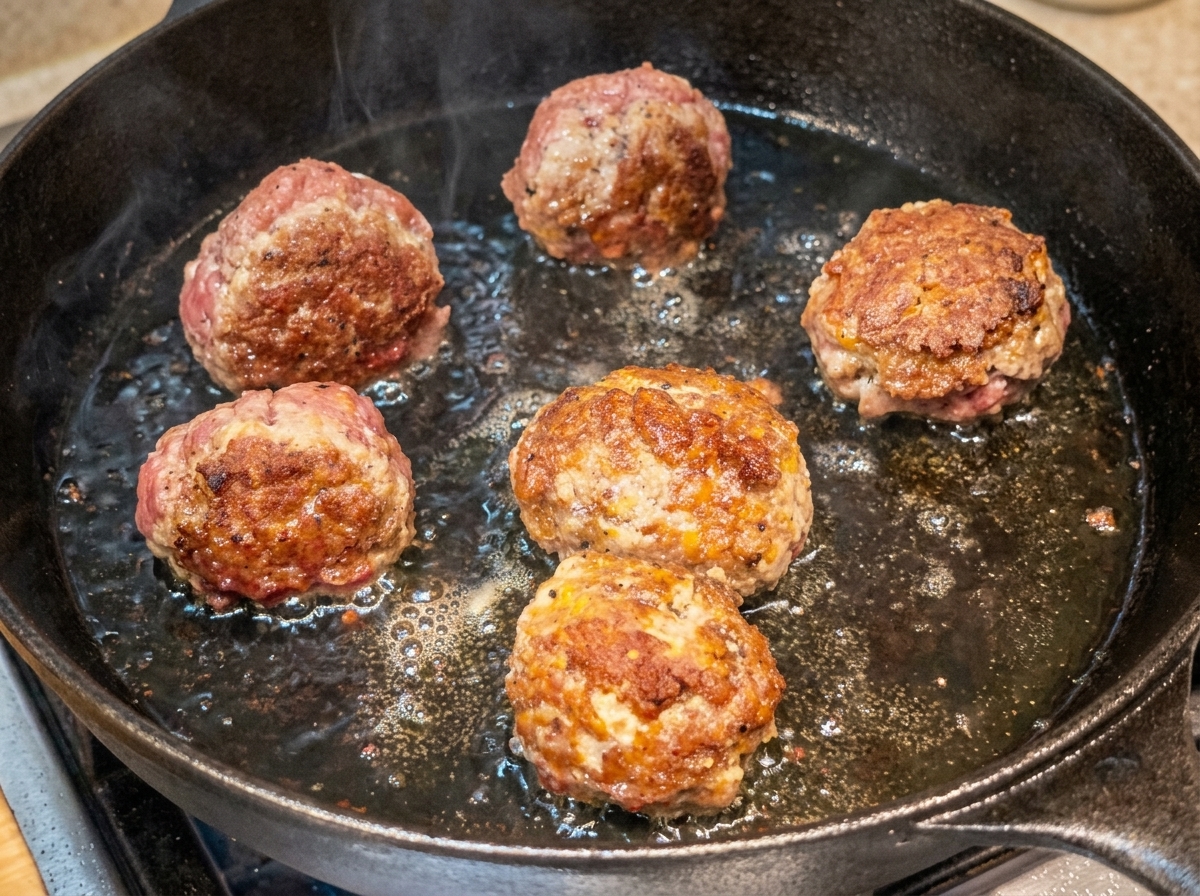 Grandes albóndigas sellándose y dorándose en una sartén de hierro fundido caliente.